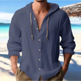 Cotton And Linen Shirt Hooded Sweater Button Long Sleeve (Option: Navy Blue-M)