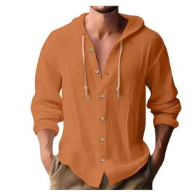 Cotton And Linen Shirt Hooded Sweater Button Long Sleeve (Option: Orange-M)