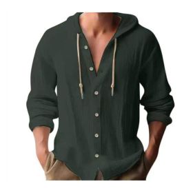 Cotton And Linen Shirt Hooded Sweater Button Long Sleeve (Option: Dark Green-S)
