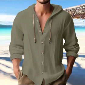 Cotton And Linen Shirt Hooded Sweater Button Long Sleeve (Option: Army Green-S)