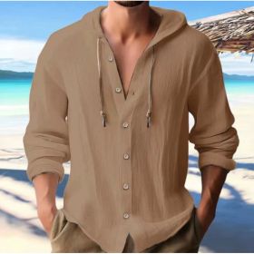 Cotton And Linen Shirt Hooded Sweater Button Long Sleeve (Option: Dark brown-S)