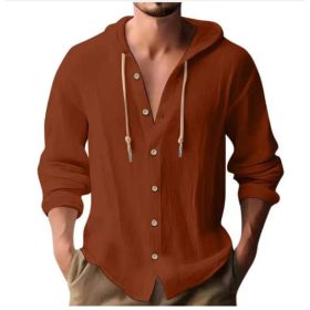Cotton And Linen Shirt Hooded Sweater Button Long Sleeve (Option: Brick red-S)