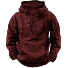 Ins Lace-up Hoodie Casual Sports Pocket Sweatshirt Men's Long-sleeved Top Clothing (Option: Wine Red-L)