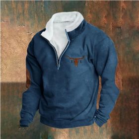 Retro Patchwork Half Cardigan Men's Long-sleeved Sweater (Option: Dark Blue-M)