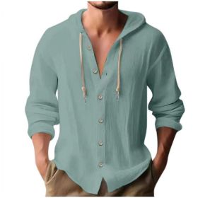 Cotton And Linen Shirt Hooded Sweater Button Long Sleeve (Option: Grey blue-XL)