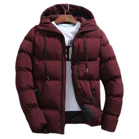New Men's Pure Cotton Padded Jacket Hooded Coat (Option: Wine Red-5XL)