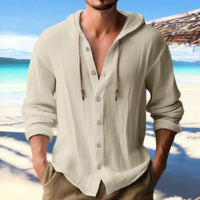 Cotton And Linen Shirt Hooded Sweater Button Long Sleeve (Option: Apricot-S)