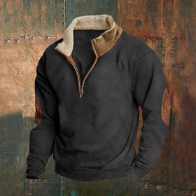 Retro Patchwork Half Cardigan Men's Long-sleeved Sweater (Option: Black-S)