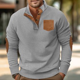 Patch Pocket Jacket Stand Collar Long Sleeve Corduroy Multicolor Hoodie (Option: Light Gray-M)