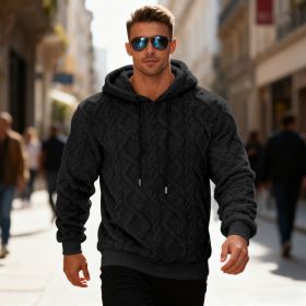 Plush Hooded Sweatshirt Winter Warm Long-sleeved Pullover Top Men's Casual Solid Color Fleece Hoodie Clothing (Option: Black-M)