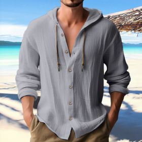 Cotton And Linen Shirt Hooded Sweater Button Long Sleeve (Option: Gray-M)
