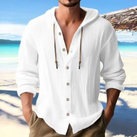 Cotton And Linen Shirt Hooded Sweater Button Long Sleeve (Option: White-M)