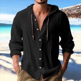 Cotton And Linen Shirt Hooded Sweater Button Long Sleeve (Option: Black-M)