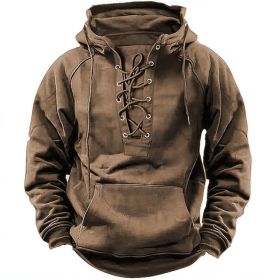 Ins Lace-up Hoodie Casual Sports Pocket Sweatshirt Men's Long-sleeved Top Clothing (Option: Khaki-2XL)