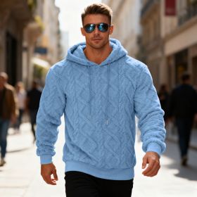 Plush Hooded Sweatshirt Winter Warm Long-sleeved Pullover Top Men's Casual Solid Color Fleece Hoodie Clothing (Option: Light Blue-L)