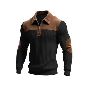 Notched-collar Patchwork Knit Top With Embroidered Zipper Hoodie (Option: Black-L)