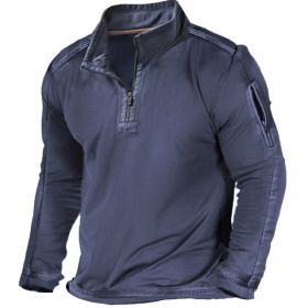 Men's Outdoor Zipper Pocket Long Sleeve Sweater (Option: Dark Blue-L)