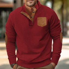 Patch Pocket Jacket Stand Collar Long Sleeve Corduroy Multicolor Hoodie (Option: Wine Red-XXXL)