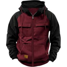 Men's Hoodie Youth Sports Multi-pocket Workwear (Option: Wine Red-XXXL)